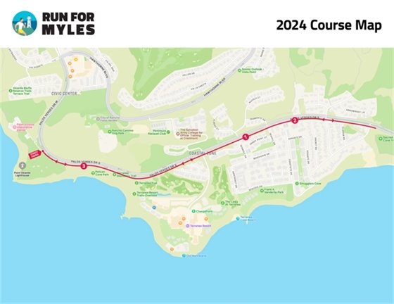 A map shows the Run for Myles course route running along Palos Verdes Drive South from Sea Cove Drive to the Point Vicente Lighthouse.