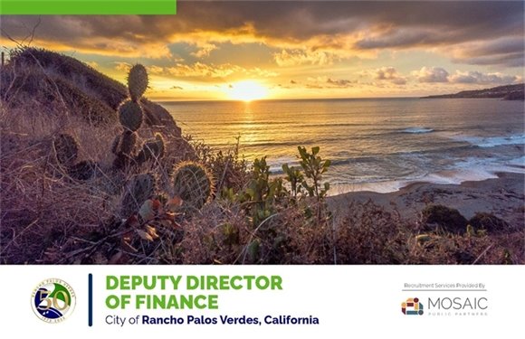 The sun sets over a beach in Rancho Palos Verdes. A headline below the City of Rancho Palos Verdes logo says Deputy Director of Finance, City of Rancho Palos Verdes, California. A subhead says Recruitment Services Provided by Mosaic Public Partners.