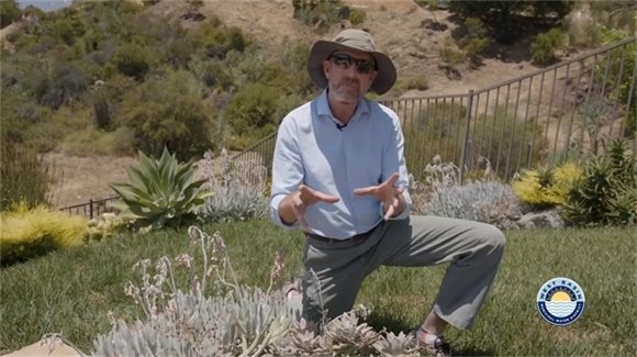 Firescaping instructor Douglas Kent talks about the fire-resistant properties of succulents like the ones beneath him.