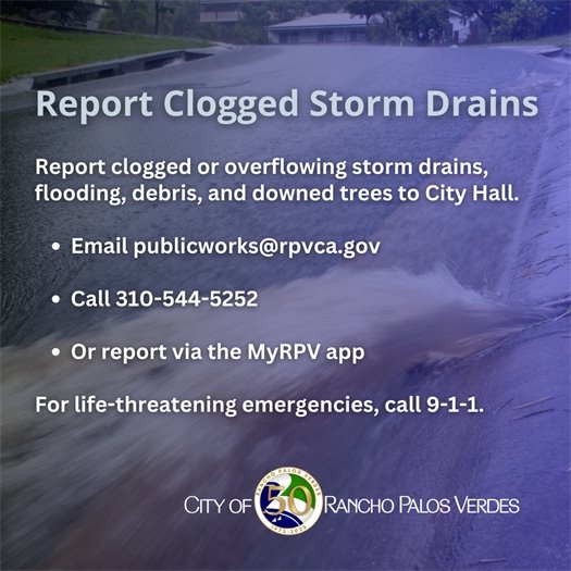Rainwater gushes from a storm drain. A headline above the City of Rancho Palos Verdes logo says Report Clogged Storm Drains. Subheads say report clogged or overflowing storm drains, flooding, debris, and downed trees to City Hall. Email publicworks@rpvca.gov. Call 310-544-5252. Or report via the MyRPV app. For life-threatening emergencies, call 9-1-1.