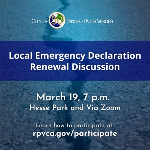 A crack runs through a roadway. A headline under the City of Rancho Palos Verdes logo says Landslide Update. March 19, 7 p.m., Hesse Park and Via Zoom. Learn how to participate at: rpvca.gov/participate.