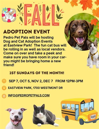 Pet Adoptions first Sundays of the month at Eastview Park 12pm to 3pm