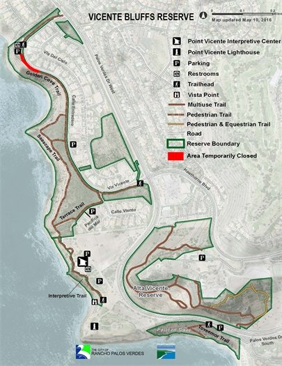Map of Vicente Bluffs Reserve with the 150 ft temporary trail closure of Golden Cove Trail marked in red. Trail