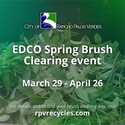 A pile of leaves and tree trimmings fills a green waste bin. A headline under the City of Rancho Palos Verdes logo says EDCO Spring Brush Clearing Event March 29-April 26. For details and to find your brush clearing day, visit: rpvrecycles.com. 