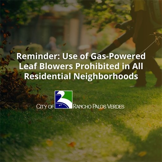 A person uses a leaf blower. A headline above the City of Rancho Palos Verdes logo says Reminder: Use of Gas-Powered Leaf Blowers Prohibited in All Residential Neighborhoods.