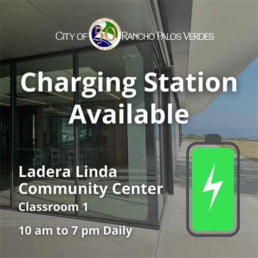 A set of doors lead to Classroom 1 at the Ladera Linda Community Center. A headline below the City of Rancho Palos Verdes logo says Charging Station Available. A subhead says Ladera Linda Community Center, Classroom 1. 10 am to 7 pm daily.