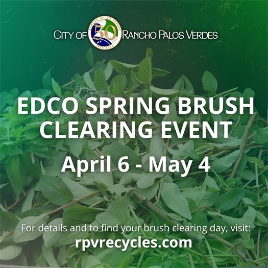 A pile of leaves and tree trimmings fills a green waste bin. A headline under the City of Rancho Palos Verdes logo says EDCO Spring Brush Clearing Event April 6 - May 4. For details and to find your brush clearing day, visit: rpvrecycles.com. 