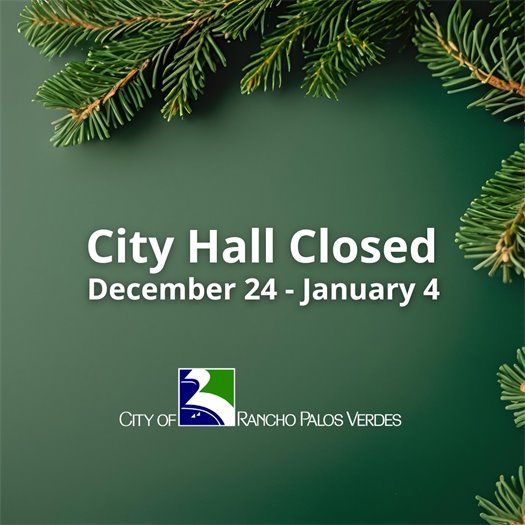 Pine needles cast a shadow against a green background. A headline above the City of Rancho Palos Verdes logo says City Hall Closed December 24-January 4.