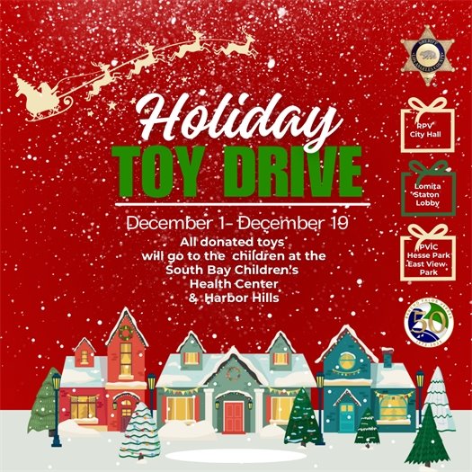 LASD Toy Drive benefiting South Bay Children's Health Center and Harbor Hills with image of holiday village