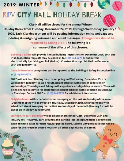 2019 Winter Holiday Break at City Hall