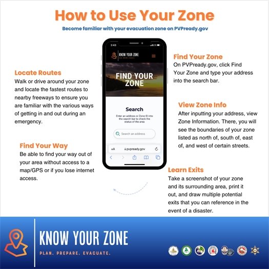 PVPready.gov is shown on the screen of a smartphone. A headline says How to Use Your Zone. Become familiar with your evacuation zone at PVPready.gov.  Subheads say Find Your Zone, View Zone Info, Locate Routes, Find Your Way, and Learn Exits.