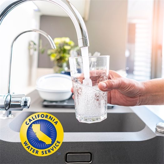A logo for Cal Water is imposed against an image of a person filling a drinking glass with tap water.