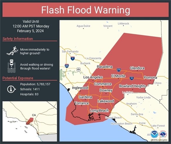 This graphic displays a flash flood warning plotted on a map. The warning is in effect until 12:00 AM PST. The warning includes Los Angeles CA, Long Beach CA and Pomona CA.  This warning is for Eastern Los Angeles County in southwestern California. Avoid walking or driving through flood waters! Move immediately to higher ground! There are 5,783,157 people in the warning along with 1411 schools and 83 hospitals.