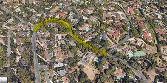 An aerial view shows the stretch of Palos Verdes Drive East from Bronco Drive to lower Headland Drive where guardrail replacement work will be performed on May 6-9 from approximately 8:30 a.m. to 3 p.m. daily.