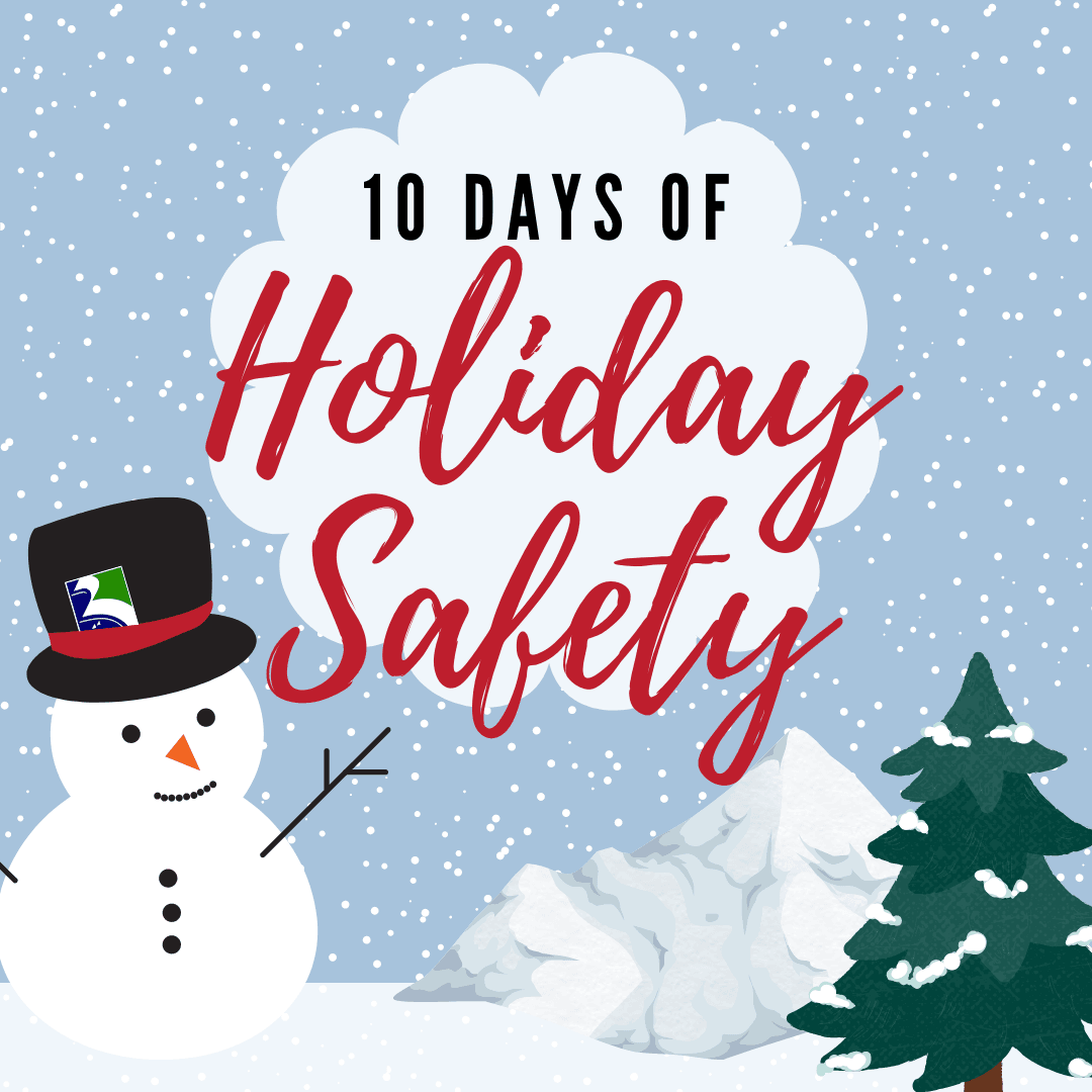 10 Days of Holiday Safety text with snowman and tree