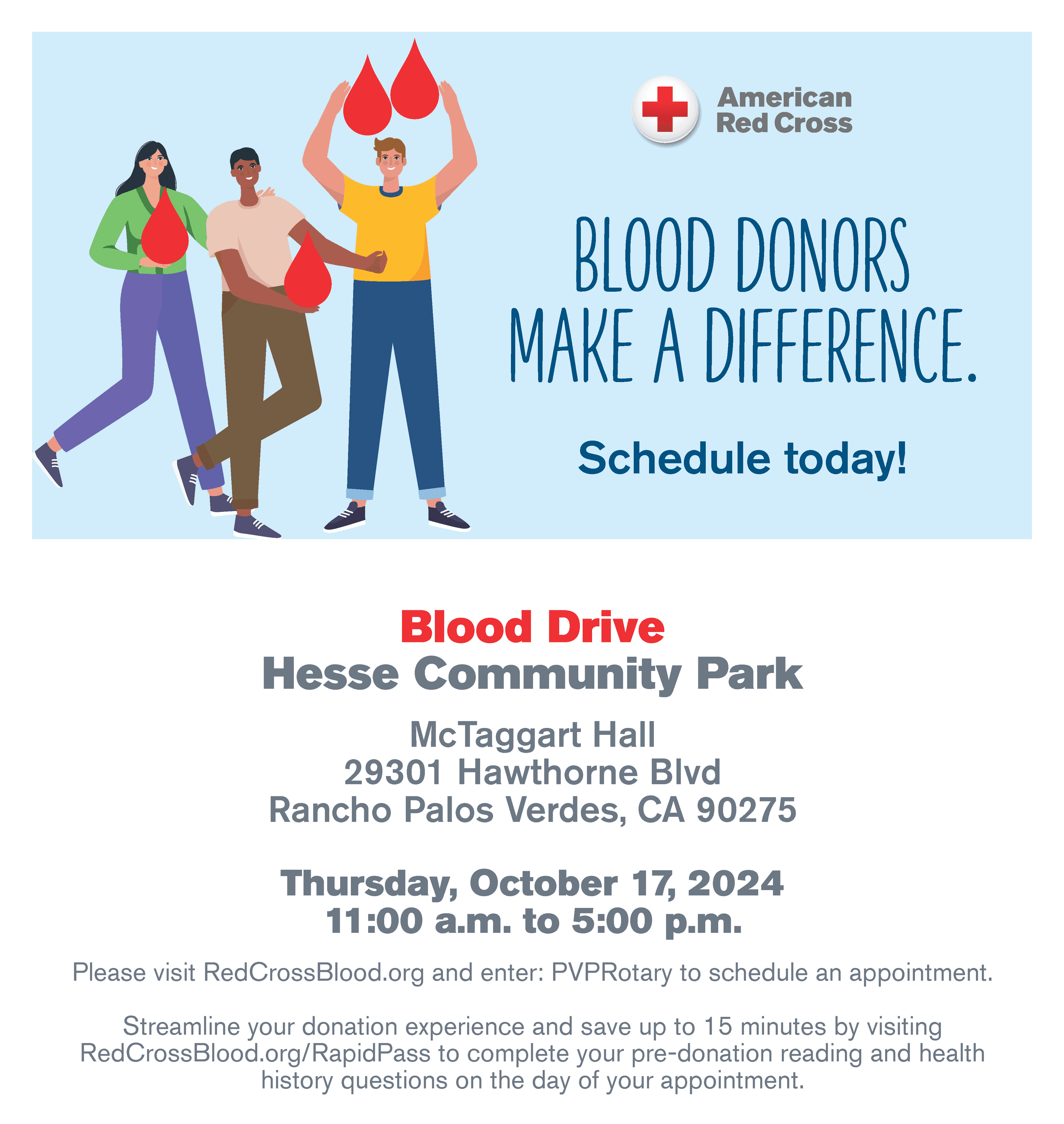 Red Cross Blood Drive, Hesse Community Park, McTaggart Hall, 23901 Hawthorne Blvd, RPV 90275