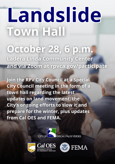 Landslide Town Hall. Subheads say October 28, 6 p.m. at the Ladera Linda Community Center and via Zo