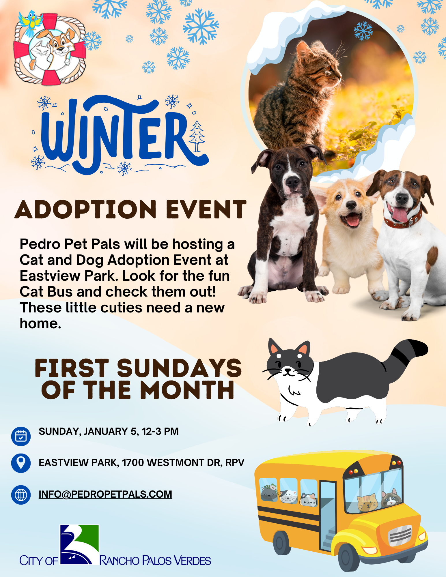 Pedro Pet Pals Adoption Event. First Sundays of the month from 12-3 pm at Eastview Park. 