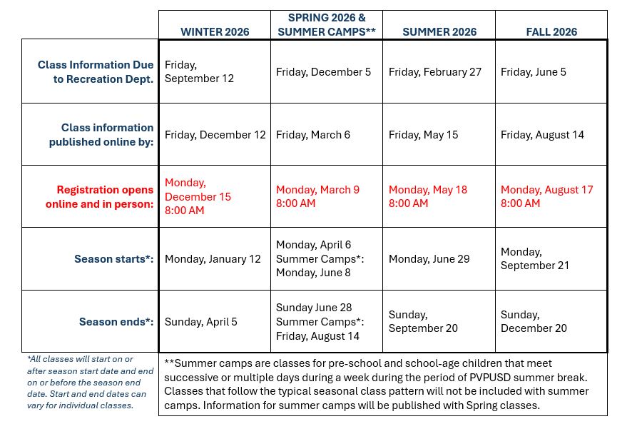 Class Planning Schedule 2026 (For Instructors)